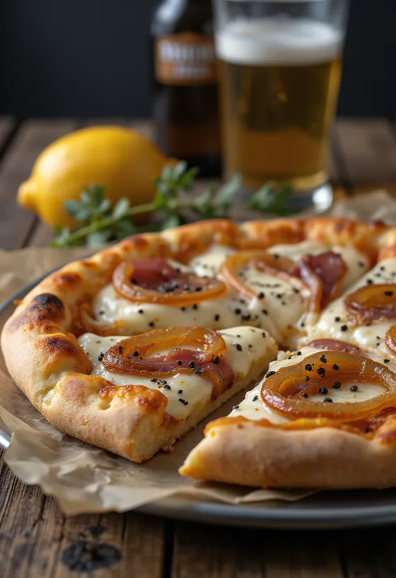 Pizza Alsacienne dengan krim asam dan bawang