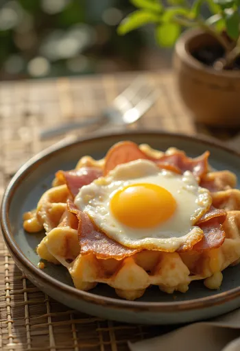 Wafel Croque Madame dengan telur mata sapi