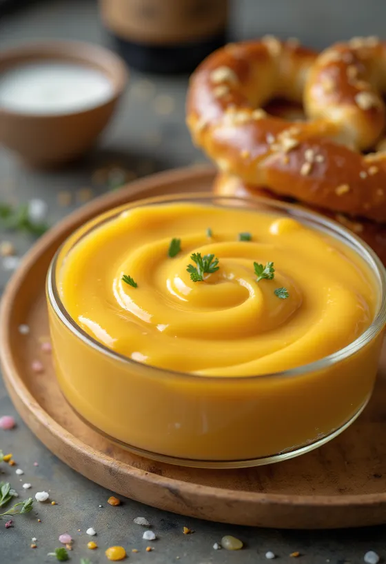 Saus keju cheddar bir dalam mangkuk, dihiasi dengan peterseli segar, di samping nachos.