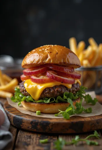 Burger bison dengan keju leleh dan sayuran segar