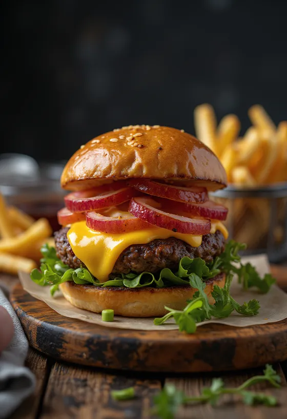 Burger bison dengan keju leleh dan sayuran segar