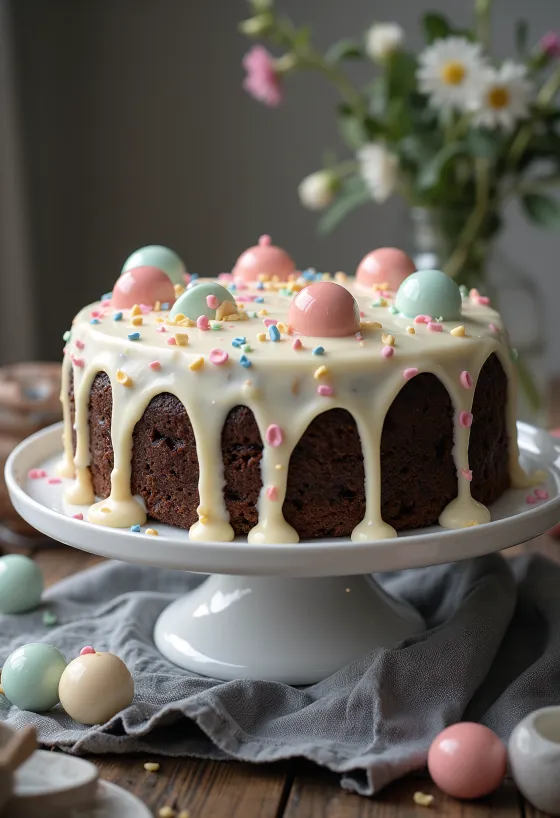 Kue cokelat polkadot dengan hiasan permen warna-warni