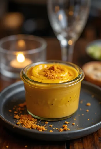 Saus mustard cabai bir dalam mangkuk, dihiasi dengan cabai segar dan biji mustard.