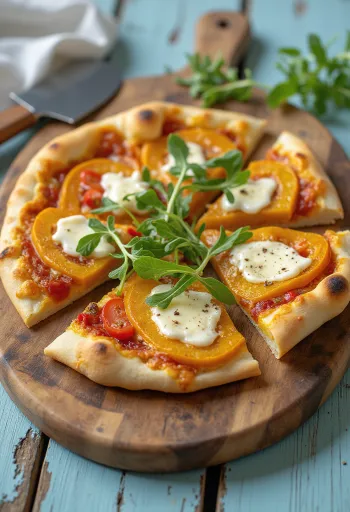 Pizza labu kuning dengan keju vegan disajikan