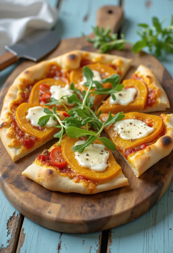 Pizza labu kuning dengan keju vegan disajikan
