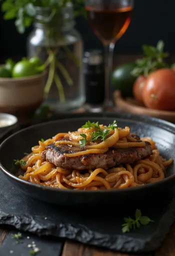 Bistec Encebollado disajikan dengan bawang dan lauk