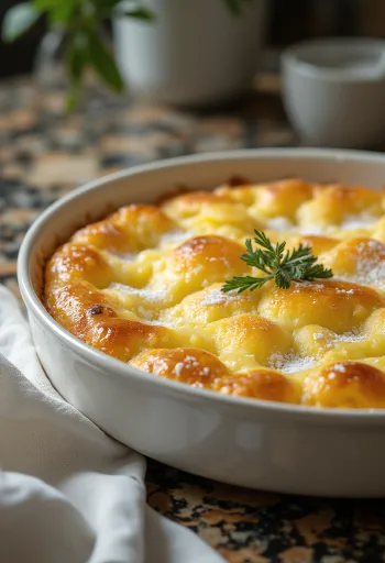 Clafoutis keju cottage segar berwarna keemasan, siap disajikan