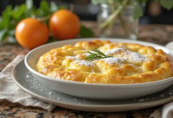 Clafoutis keju cottage segar berwarna keemasan, siap disajikan
