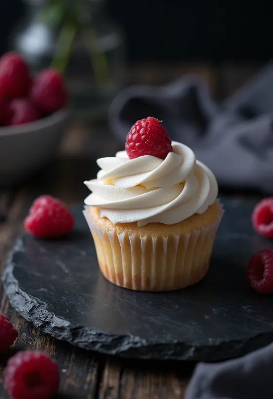 Cupcake cokelat putih raspberry disajikan