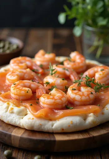 Pizza Frutti di Mare dengan salmon asap disajikan