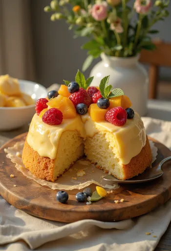 Kue buah segar dengan buah-buahan berwarna-warni dan lapisan jeli mengkilap