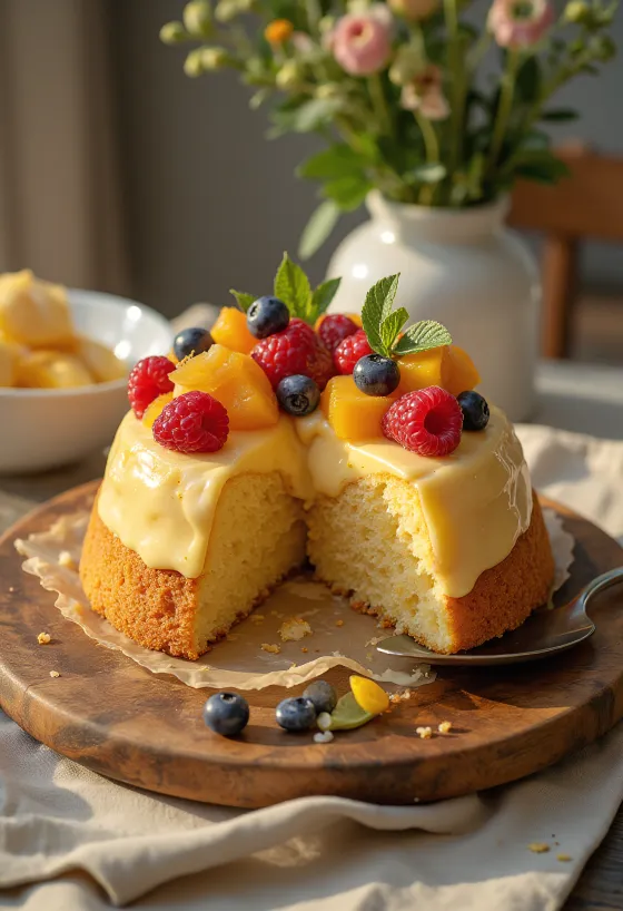 Kue buah segar dengan buah-buahan berwarna-warni dan lapisan jeli mengkilap