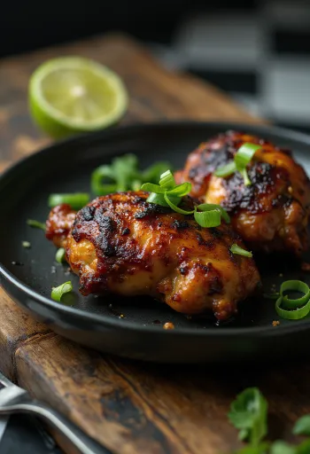 Potongan ayam jerk panggang dengan kerak bumbu gelap