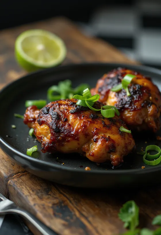 Potongan ayam jerk panggang dengan kerak bumbu gelap
