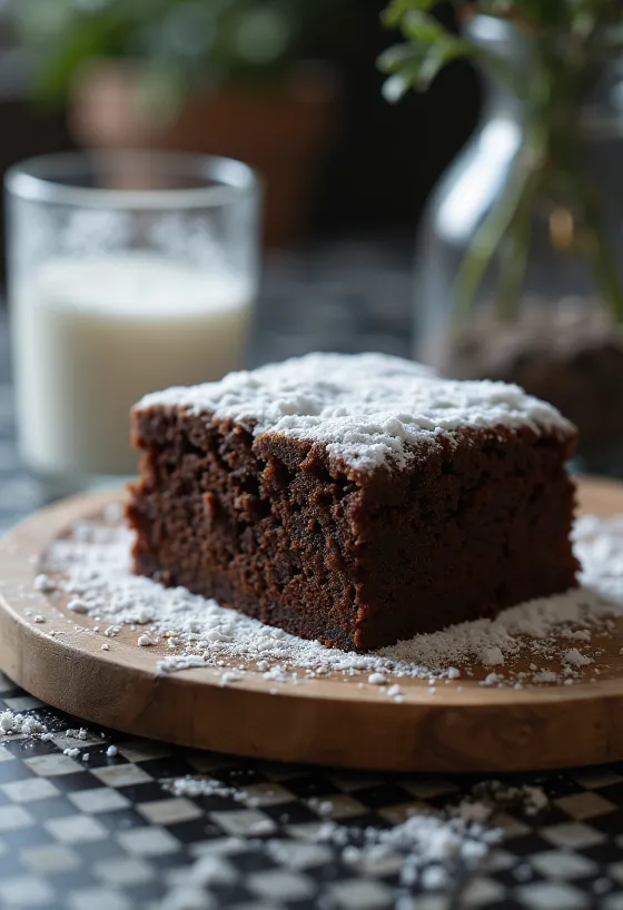Kue cokelat dipotong-potong, ditaburi gula halus
