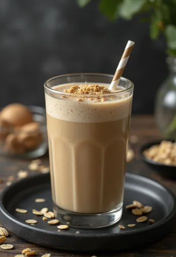 Smoothie kopi disajikan dalam gelas tinggi, dihiasi dengan irisan pisang