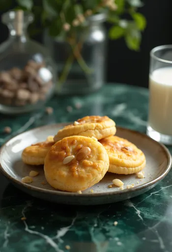 Kue kering madu almond dalam sajian cokelat keemasan