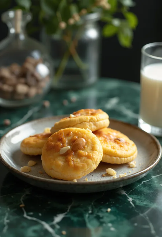 Kue kering madu almond dalam sajian cokelat keemasan