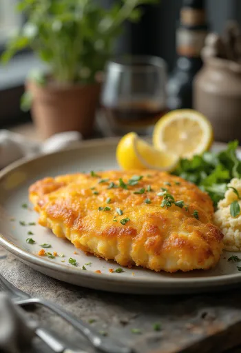 Schnitzel gaya Paris digoreng cokelat keemasan, disajikan dalam lapisan renyah