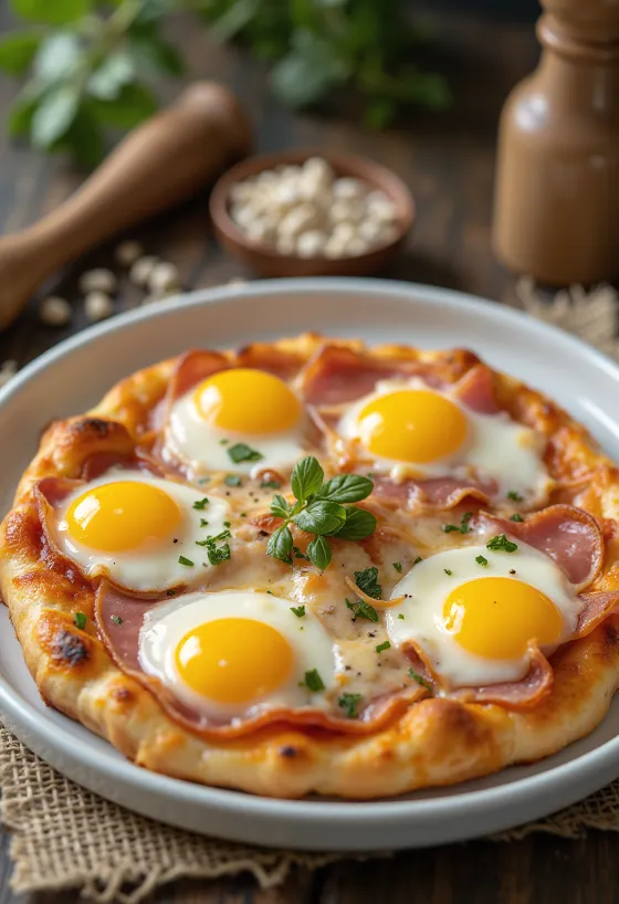 Pizza Bismark dengan telur mata sapi di tengahnya
