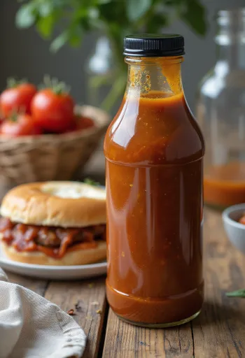 Saus BBQ tomat bir dalam mangkuk, di samping daging panggang.