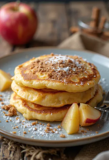 Pancake apel yang baru dipanggang ditaburi gula bubuk kayu manis