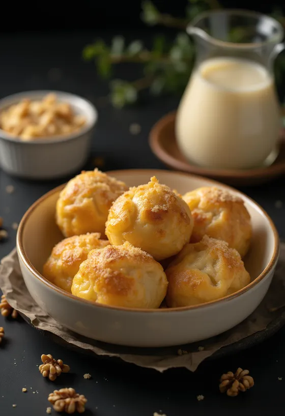 Aranygaluska tradisional dengan saus vanilla, lapisan kenari dan adonan lembut.