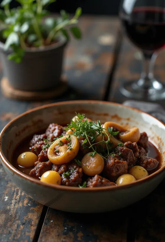 Boeuf Bourguignon disajikan dengan kentang tumbuk