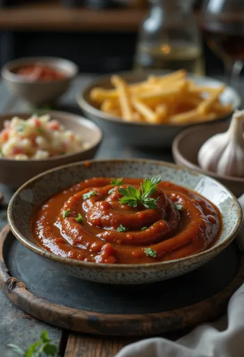 Saus barbeque bawang putih asap disajikan