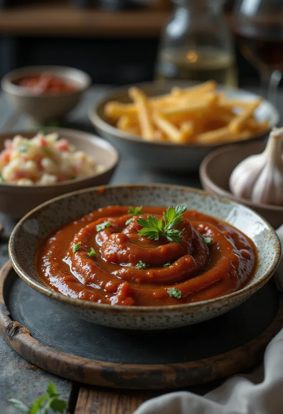 Saus barbeque bawang putih asap disajikan