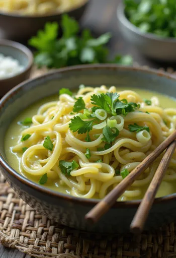 Mie kari hijau santan dengan sayuran eksotis