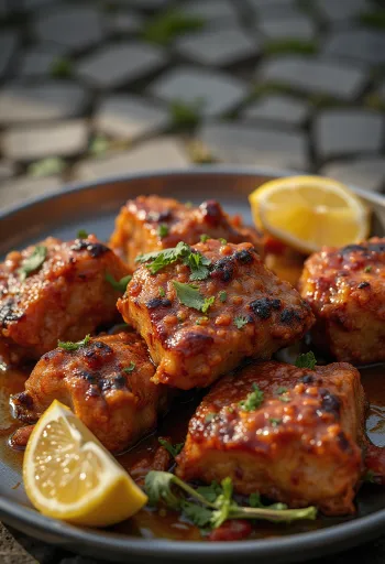 Kambing tandoori disajikan dengan roti naan dan ketumbar segar.