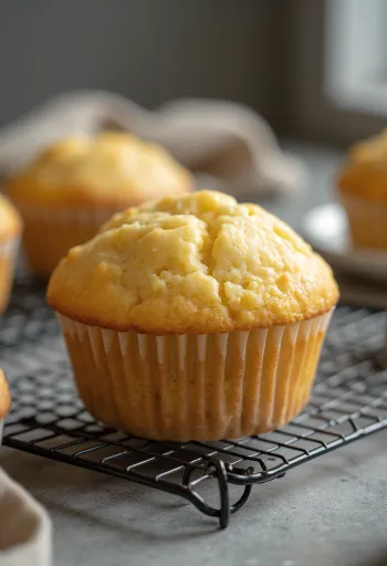 Muffin vanila dipanggang cokelat keemasan, disajikan dalam cup kertas