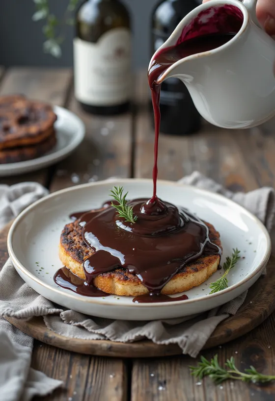 Saus cokelat anggur merah disajikan