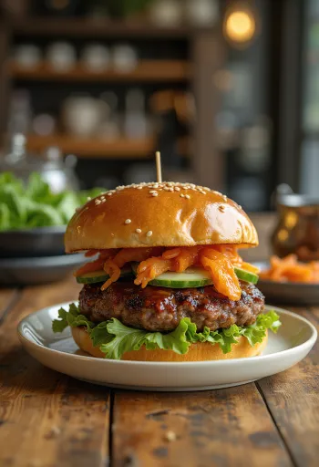 Burger Bulgogi disajikan dengan salad dan kimchi
