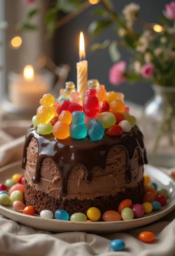 Kue cokelat permen dihiasi dengan permen warna-warni dan mutiara