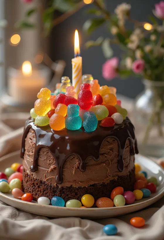 Kue cokelat permen dihiasi dengan permen warna-warni dan mutiara