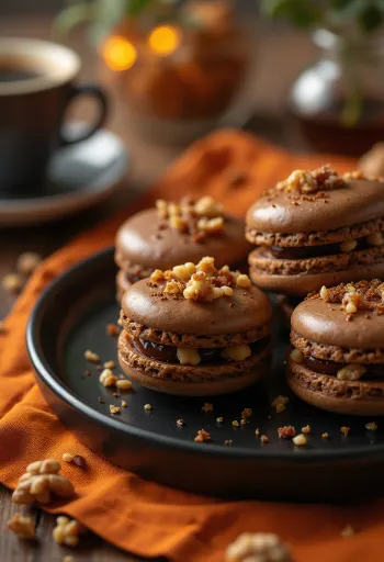 Macaron kopi dan kenari karamel disajikan