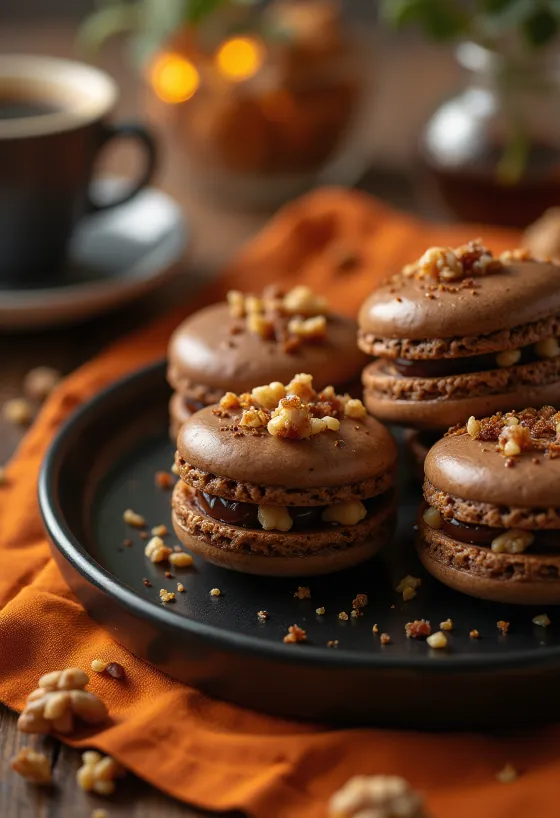 Macaron kopi dan kenari karamel disajikan