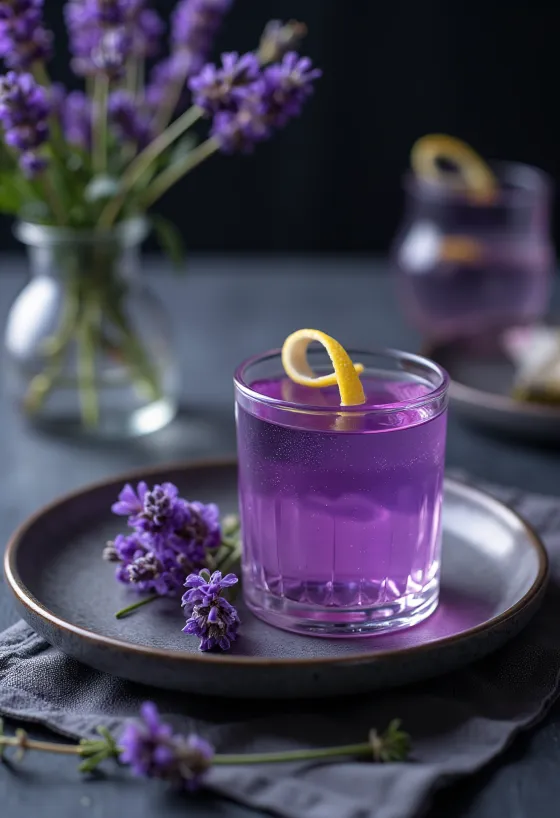 Likur lavender disajikan dalam botol