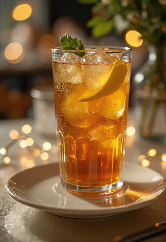 Koktail Long Island Iced Tea dihiasi dengan irisan lemon