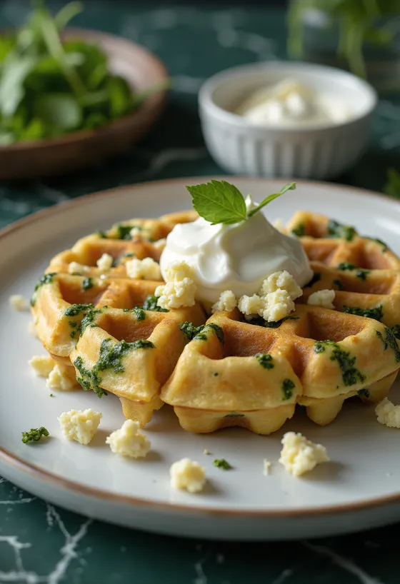 Wafel Bayam Feta dengan potongan bayam
