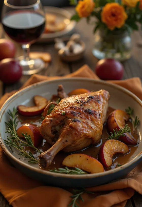 Paha bebek panggang renyah disajikan dengan kentang tumbuk dan kubis rebus