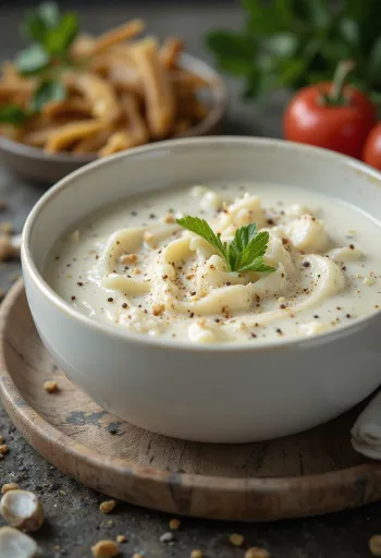 Saus bawang putih krim berempah dalam mangkuk, dihiasi dengan peterseli segar.