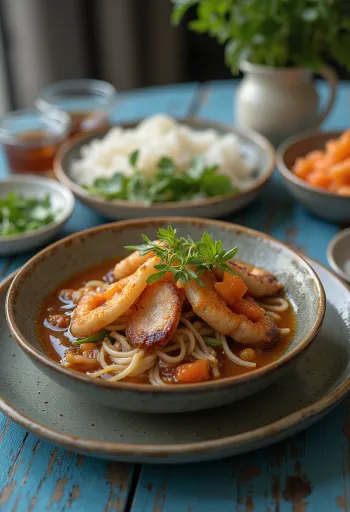 Bun Cha disajikan dengan bihun dan sayuran segar