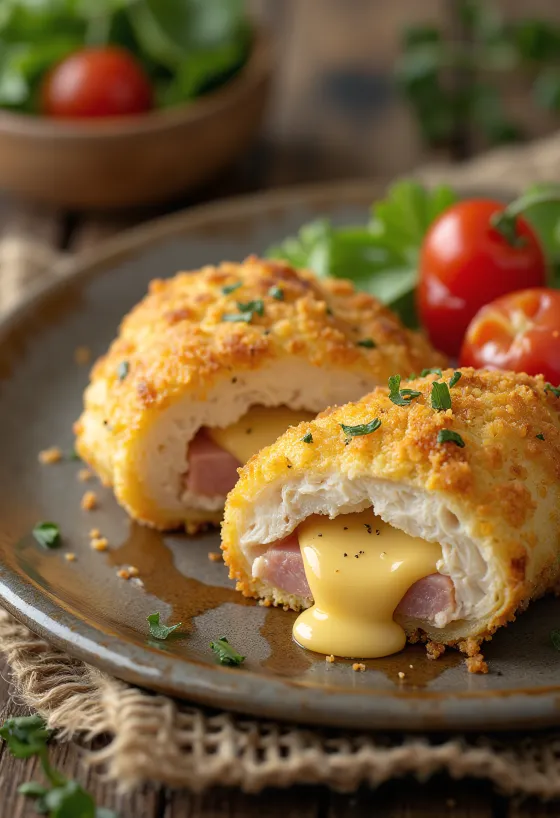 Cordon bleu disajikan dengan salad segar dan kentang goreng