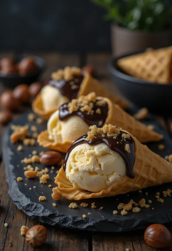 Es krim Cornetto Hazelnut disajikan dengan lapisan cokelat renyah dan hazelnut sangrai