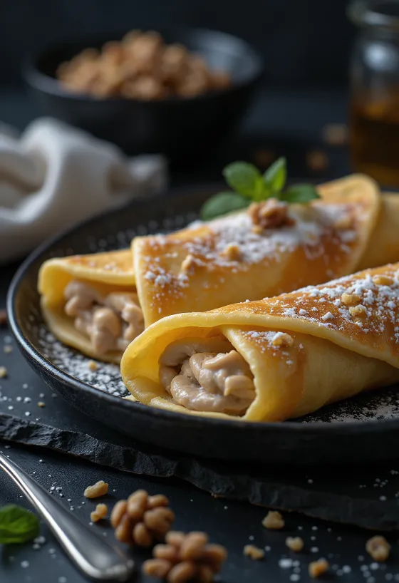 Pancake kenari disajikan dengan saus cokelat