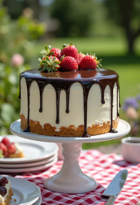 Kue drip dengan ganache cokelat yang menetes di sisi