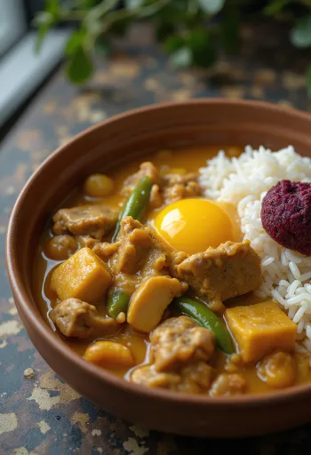 Mangkuk berisi rebusan kare-kare oranye kental dengan sayuran